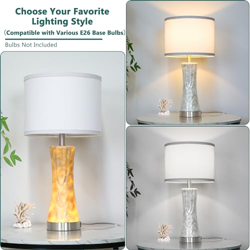AuraBasic 24" Capiz Shell Table Lamp Set of 2, Pearl White Coastal Bedside Lamp with LED Nightlight, Modern Beach Nightstand Lamp with Updated USB A+C Ports for Bedroom, Living Room End Table - Image 2