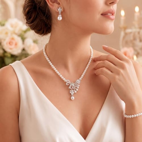 Image of Glenmal Pearl Rhinestone Jewelry Set for Women Pearl Necklace Bracelet Earrings for Wedding Halloween Bridal Shower Tea Party