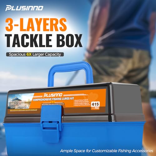Image of PLUSINNO Large 3 Layers Fishing Tackle Box with Tackle Included, 415Pcs Fishing Lures Kit Contains Pliers, Crankbait, Weights, Accessories, Portable Fishing Gear Gifts for Men Starter Kits Bass Trout
