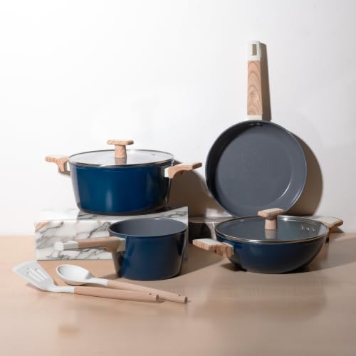 Image of Kreme Ceracook Ceramic Coated Granite 8 Pc Cookware Gift Set Casserole, Frying Pan, Kadai, Tawa, 2 Spatulas, ISI Certified, Forged, Gas & Induction, PFAS & PTFE Free 1 Yr Warranty, Ocean Deep Blue