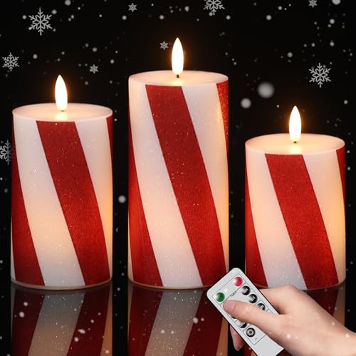 Image of Eldnacele Christmas Candy Cane Stripe Flameless Candles with Remote and Timer, Battery Operated 3D Wick Flickering Real Wax Stripe Glitter Pillar LED Candles Holiday Xmas Decor (3Pcs, D3xH4 /5 inch /6 inch)