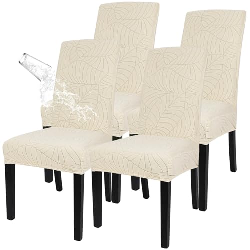 Image of SearchI Waterproof Dining Room Chair Covers Set of 4, Stretch Jacquard Parsons Chair Slipcovers Removable Washable Kitchen Chair Protector for Dining Room, Hotel, Banquet(Beige Leaf)