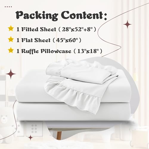 Image of KKJIAF 3 Piece Toddler Sheet Set Microfiber, Includes a Flat Sheet, a Fitted Sheet and a Ruffle Pillowcase, White