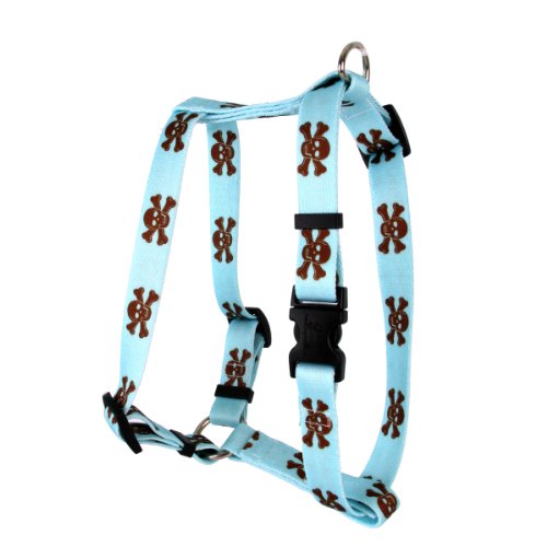 Image of Yellow Dog Design Blue and Brown Skulls Roman Style H Dog Harness, X-Large /1 inch Wide