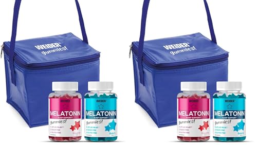 Weider PACK DUO Melatonin Gummies + Nevera Regalo (2x60 gominolas) Sabor Arándano y Fresa, 1mg melatonina/gominola, Ayuda contra el insomnio y jet-lag, Alivia los trastornos del sueño (para 4 meses)