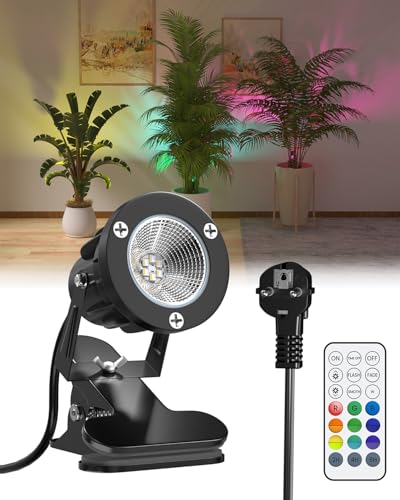 TobeBright 6W RGB LED Spot à Pince avec Télécommande, 15 Lumières RGB + Blanc Chaud 3000K, IP65 Résistant à l'Eau pour Intérieur et Extérieur, Lampe à Pince...