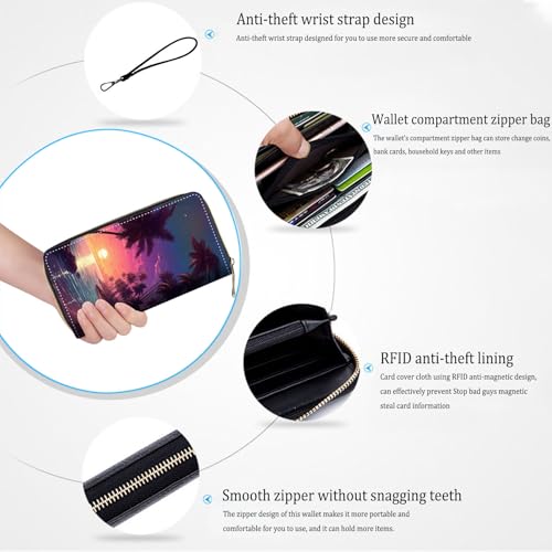 Bxgolkgd Womens Wallet, RFID Blocking Leather Wallet,Large Capacity Wallet Credit Card Holder PU Leather Ladies Clutch with Zipper Coin Pocket - Beach Palms4