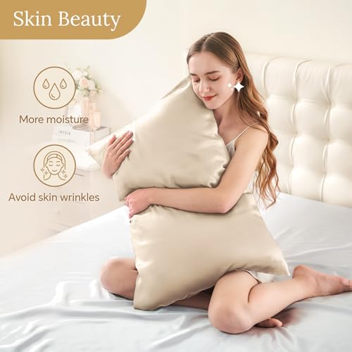 Image of INFIIXSO Silk Pillow Cases 2 Pack Standard Size, Ultra Smooth & Soft Mulberry Silk Pillow Case for Hair and Skin, Breathable Cooling Silk Pillowcase with Hidden Zipper (Beige, 20x26 Inches)