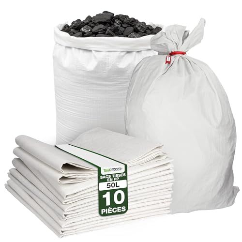ToolSpace Sac à Gravats PP Tissé, 65×105 cm en Polypropylène 10x Sac Chantier pour Gravier Sable Feuilles Déchets de Construction Jardin - Réutilisable -...