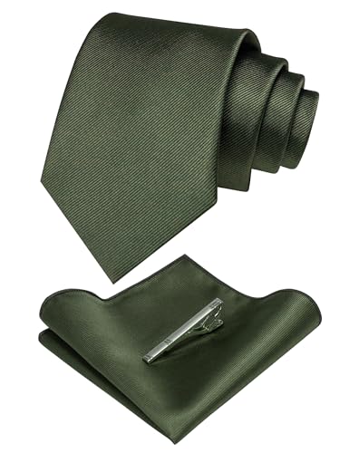 JEMYGINS Olive Green Tie Necktie and Pocket Square Hankerchief and Tie Bar Clip Sets for Men(72)