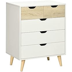 Cajonera Spring Maison Du Monde HOMCOM Cómoda con 5 Cajones Cajonera de Armario con Patas Elevadas para Dormitorio Salón Estudio Estilo Moderno Antivuelco 60x40x77,5 cm Natural y Blanco