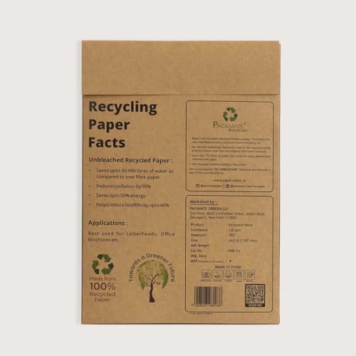 Image of Packmate Recycled Bond Paper |120 GSM | A4 Size |100 Sheets | Natural Shade (Not Bright White) | Unbleached Chemical Free Recycled Paper | Compatible with both Inkjet, Laser jet Printer
