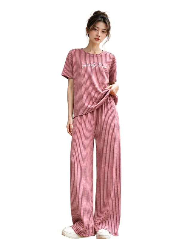 Women's Ribbed Co-Ord Lounge Set | Half Sleeve Round Neck T-Shirt & Wide Leg Pants*Black line Pink coord set_XL-picture-33
