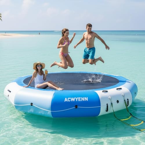 ACWYENN 10/12/15FT Inflatable Water Trampoline for Lake Floating Water Trampoline with Rope Ladder and Mooring Ropes Without Pump Blue (12FT Blue-White)