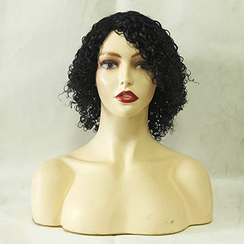 Jerry Curly Human Hair Wig 8 Inches Full Machine Made Right Side Part Natural Jet Black Color None Lace Front Short Bob Wigs for Women 130% Density Deep Curls (1B)