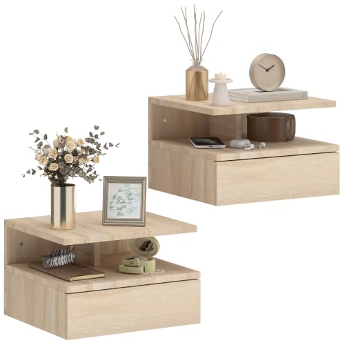 HOMCOM Juego de 2 Mesitas de Noche Flotantes, Mesillas de Noche Dormitorio con Cajón, Estante Abierto, Ahorra Espacio, Diseño Moderno, para Sala de Estar, 35x32x22,5 cm, Roble