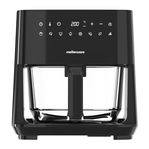 Mellerware - Friteuse à Air Crunchy Glass 1450W | Panier en Verre 4,5L | 9 Programmes + Préchauffage | Écran Tactile | Minuteur 60 min | Compatible Lave-vaisselle