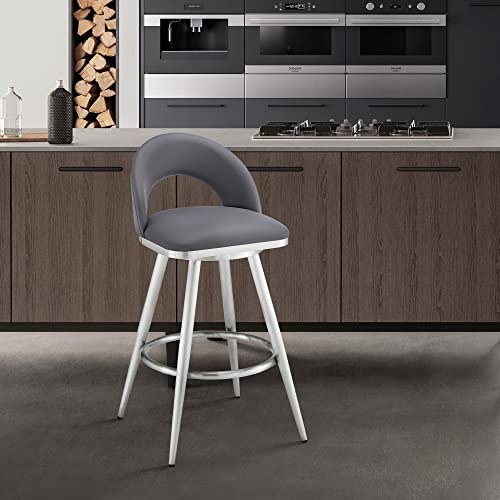 Armen Living Charlotte Swivel Bar Stool in Brushed Stainless Steel with Grey Faux Leather