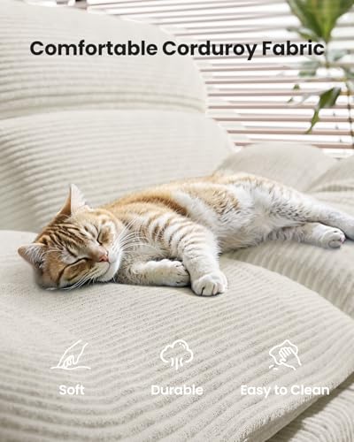 Image of Amada Convertible Futon Sofa Bed - Corduroy Loveseat with Adjustable Backrest & Armrests, Thickened Seat Cushion, Small Space Sleeper Couch for Apartment, Study Room & Office（Off-White，66 Inch ）