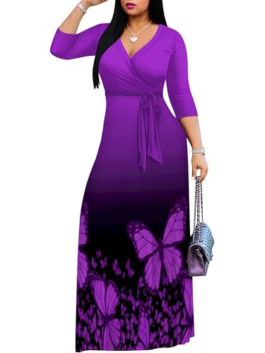 Image of SUZONANA Plus Size Dresses for Women Print Maxi Dresses Flowy 3 /4 Sleeve with Belt