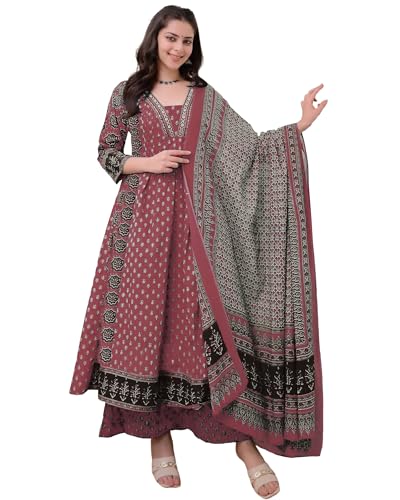 Image of ANNI Designer Women's Pure Cotton Anarkali Kurta Set for Women with Dupatta & Plazzo - Hand Block Print Suit Set | Stylish Dress | Cotton Kurta Set for Women