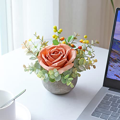 Rosscer Artificial Flowers Kit With Pot, Combination Of Fake Silk Orange Roses And Greenery,Small Plant Potted Decor For Offices,Bookshelf,Bedroom, Living Room,Party,Wedding Decorations #TOP5