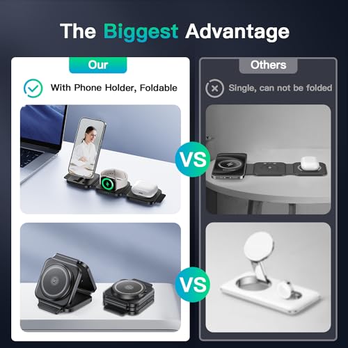 Image of JARGO 3 in 1 Wireless Charging Station for Apple Devices, Foldable iPhone Charging Station for iPhone 17 /16 /15 /14 /13 /12, Apple Watch & AirPods with Magsafe (Magnetic Black)