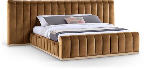 Image of Meridian Furniture AmaraSaddle-K133 Collection Modern | Contemporary King Bed, Ultra Luxe Saddle 460 GSM Velvet, Natural Finish, Solid Wood Base and Inner Frame, 133 inch W x 99 inch D x 51 inch H, Saddle, King