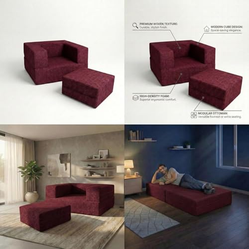 Image of C-Type Sofa Bed 3x6 Ft with Pouffe - Jute Fabric Convertible Floor Sofa Cum Bed with Wide Arm Support for Living Room & Guest Room, Office - Red Color