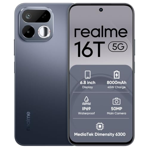 Image of realme 16T 5G Smartphone 8GB+128GB, 8000mAh Battery,45W Fast Charging, 6.8 inch 144Hz Display,Rear 50MP+Front 16MP, Dimensity 6300, IP69, AI Camera, Black