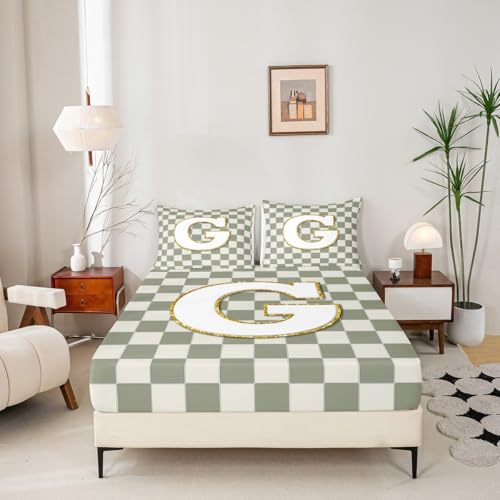 Image of Erosebridal Sage Green Checkered Bed Sheets King Plaid Initial G Sheet Set Personalized Monogram Bedding Set for Kids Boys Girls,Fashion Grids Gingham Fitted Flat Sheets 4 Piece
