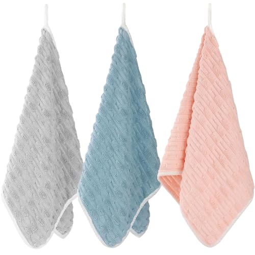 Bedvcaty Bathroom Towels Set - 3 Pack - 14 x 29 Inches Lightweight Small Extra-Absorbent Face Cloths and Soft Stripe Fingertip Towel for Bathroom, Guest Room, Children (Grey+Blue+Pink)
