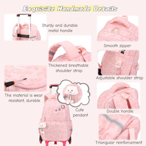LANSHIYA Rolling Backpack for Girls, Flower Backpack with 6 Wheels, Wheeled Trolley School Bags for Kids, Teen Girls Carry-On Bookbags - 4