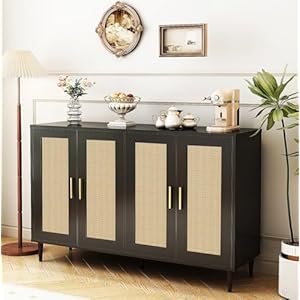 Sideboard buffet cabinet with storage 4 doors accent sideboard coffee bar cabinet rattan sideboard for dining room kitchen hallway cupboard console table  urban country home decor