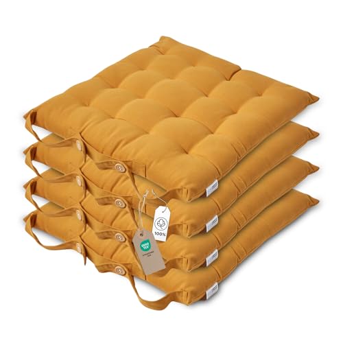 Homescapes 4er Set Stuhlkissen 40x40 cm senfgelb – Sitzkissen Outdoor/Indoor mit Baumwollbezug, Sitzpolster waschbar und Oeko-TEX-Zertifiziert für Esszimmer-, Küchen- & Gartenstühle