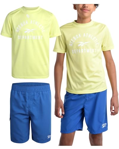 Reebok Boys' Rashguard Set - UPF 50+ Short Sleeve Sun Shirt and Bathing Suit Boardshorts - Swimwear Set for Boys (4-12)