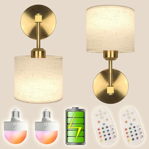 Image of Peel and Stick on Fabric Gold Wall Sconces Battery Operated Set of 2 with Remote, Cordless Battery Wall Lights with Fabric Shade for Bedroom Living Room Bathroom (2 Pack, Gold)