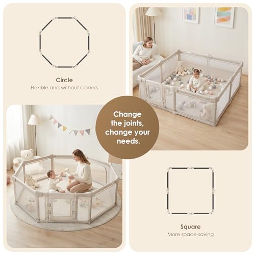 Image of Sweeby Foldable Baby Playpen, 79x71 Inch Baby Gate Playpens for Babies and Toddlers Extra Large Play Yard with Door Child Fence and Indoor Play Pen, Beige