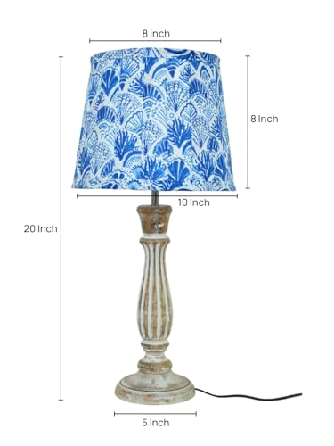 Image of Green Girgit Athens Wooden Lamp in Distress White Color with Pleeted Multiolor Blue Feathers Shade, Vintage Style Table Lamp with Tropical Print Shade, Decorative Bedroom Lighting (LED Bulb Included)