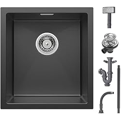 Fregadero Sintetico Bajo Encimera CECIPA Fregadero Cocina 1 Seno 40x44cm, Fregadero Negro Moderno, Cocina Fregadero Bajo Encimera, Fregadero Negro Sobre Encimera, Fregadero Pequeño Rectangular, Kitchen Sink,Fregadero acero Inoxidable