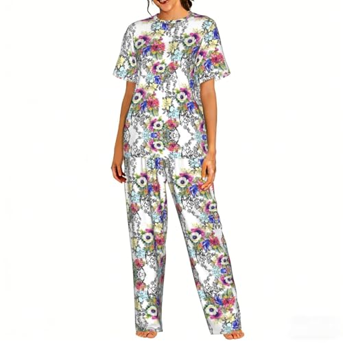 Pyjama doux femme fleurs et oiseaux ensemble homewear