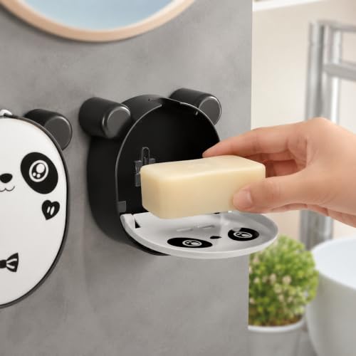 Image of Wall Mounted Panda Soap Holder with Drain Tray, Self Adhesive Soap Box Case, Flip-Top Soap Storage Container, Waterproof ABS Plastic Soap Dish for Bathroom, Kitchen & Wash Basin