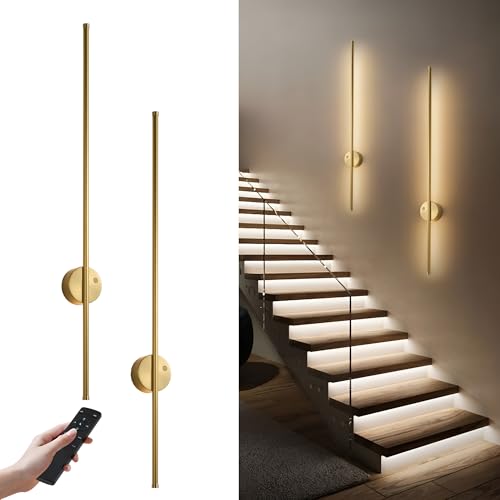 Image of KARTOOSH Brass Battery Operated Wall Sconce Set of Two with Motion Sensor | Rechargeable Wireless Wall Lights with Remote Control, Dimmable, 3000K /4000K /6000K, Timer for Living Room, Hallway,39.3 Inch