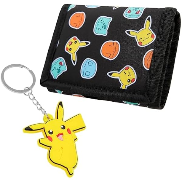 Pokemon Portfel dla dzieci, nastolatków, anime, potrójnie składany, płócienny portfel z kieszonką na dowód osobisty, portmonetką i brelokiem, Pikachu, zestaw upominkowy do podróży, aktywności na