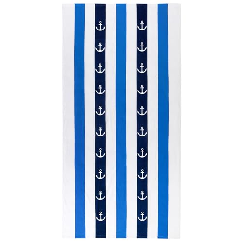 cabanana Plush Oversized Beach Towel - Cotton Fluffy 35 x 70 Inch Anchor Striped Beach Towel, (Blue)