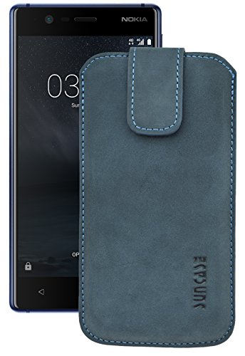 Suncase ECHT Ledertasche Leder Etui *Slim-Edition* für Nokia 5 (mit Rückzugsfunktion & Magnetverschluss) Pebble-Blue