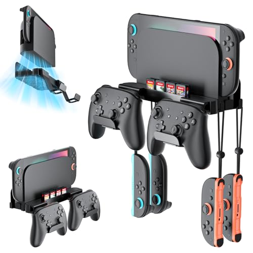 Wall Mount for Nintendo Switch 2 /Switch OLED/Switch Console Switch 2 holder with Storage 8 Card Slots 2 Pro Controller and 4 Joycon Hanger-Install Behind TV Black