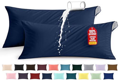 Image of Utopia Bedding Premium 100% Waterproof Pillow Protectors with Zipper Body Size (Set of 2), Bed Bug and Dust Mite Proof Zippered Pillow Covers, Pillow Encasement Cases, Navy