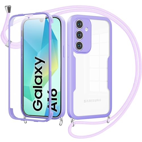 Cover per Samsung Galaxy A16 5G con Cordino360 Gradi Antiurto Trasparente Custodiacon con Protezione Schermo Integrata Bumper Rugged Custodia con Regolabile Tracolla Corda per A16 5G-Viola