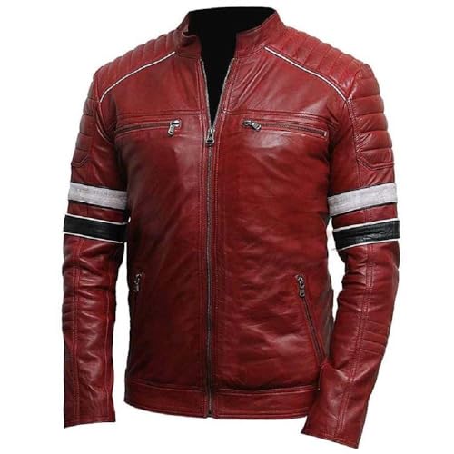 Image of Men's Leather Jacket Cafe Racer Biker Style Retro Stripes Jacket, Motorcycle Racing Leather Jacket Men